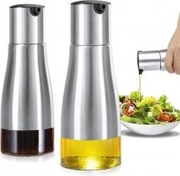 Olive Oil Dispenser Bottle Set, Vakoo 2 Pack Stainless Steel Oil and Vinegar Cruet Set, Oil Dispenser with Elegant Glass Bottle and Drip Free Design (10oz)