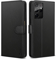 Vakoo Premium Leather Samsung Galaxy S21 Ultra Case, [Extreme Workmanship] [Card Holder] [Kickstand] Wallet Flip Protective Phone Case for Samsung Galaxy S21 Ultra 5G 6.8 inches Black
