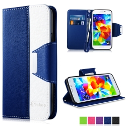 Vakoo Wallet Cover with Wrist Strap and Card Slots Case for Samsung Galaxy S5 (Black White)