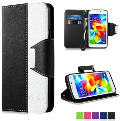 Vakoo Wallet Cover with Wrist Strap and Card Slots Case for Samsung Galaxy S5 (Blue White)