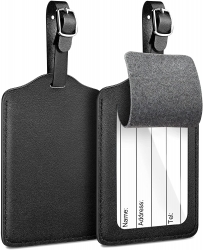 2 Pack Luggage Tags, Vakoo Premium PU Leather Luggage Tag with Name ID Card Label Privacy Protection and Adjustable Strap for Travel Bag Suitcase - Black