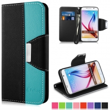 S6 Case, Vakoo WALLET Series PU Leather TPU Bumper Slim Fit Flip Magnet Card Slot Case Cover for Samsung Galaxy S6 (Black+Blue)