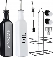 Oil and Vinegar Dispenser Set, Vakoo 17oz [2 PACK] Superior Glass Olive Oil Dispenser Set [Farmhouse Style] [Leak Proof] for Kitchen with Caddy Holder, Spouts, Caps & Funnel for Easy Refill