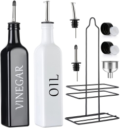 Oil and Vinegar Dispenser Set, Vakoo 17oz [2 PACK] Superior Glass Olive Oil Dispenser Set [Farmhouse Style] [Leak Proof] for Kitchen with Caddy Holder, Spouts, Caps & Funnel for Easy Refill