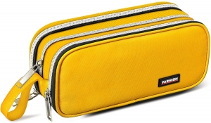 Pencil Case, Vakoo 3 Compartments Big Capacity Pencil Case, Portable Easy Grip Loop, Durable Zipper Canvas Pencil Pouch for Girls Boys Adults Students Business Office - Yellow